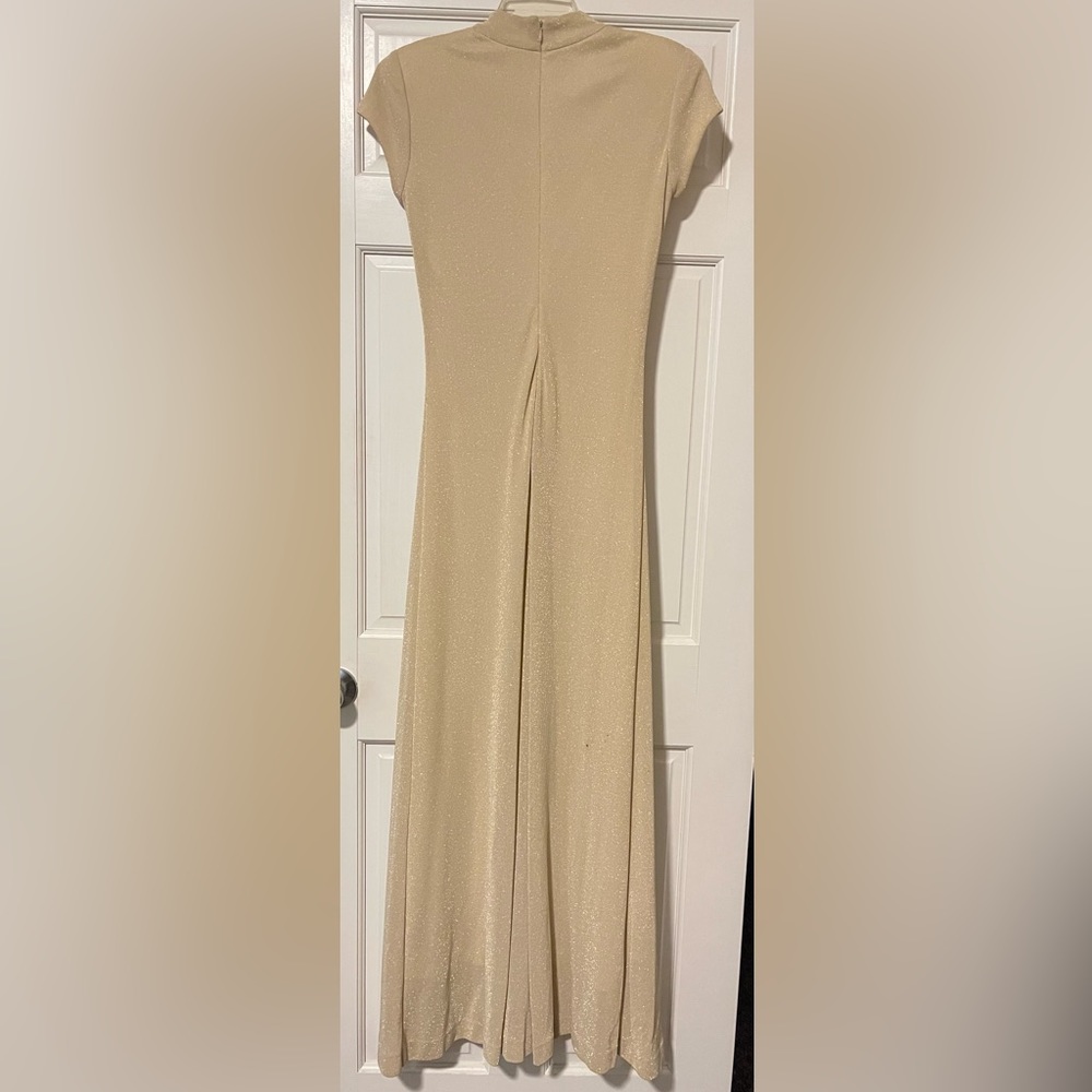 Gold shimmery evening gown with small train